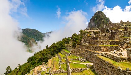 Machu Picchu, Andean mountain, cloud shrouded ruins