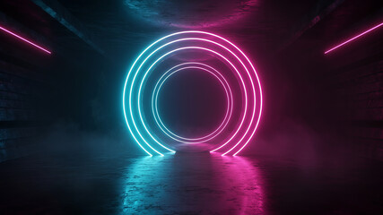 An abstract 3D illustration of a dimensional portal with glowing laser circles and smoke, a versatile template for a corporate presentation on entering new markets Future Opportunity
