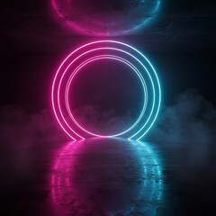 Obraz premium A futuristic gateway with glowing pink and blue laser rings reflecting on a metallic surface, a dynamic background for a tech conference banner or an innovation seminar Progress, Gateway
