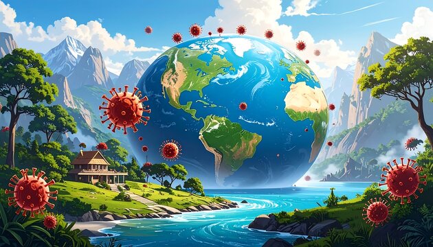 Earth surrounded by viruses, idyllic landscape