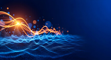 Futuristic technology background with glowing particle waves and abstract light streaks for science presentation and digital artwork.