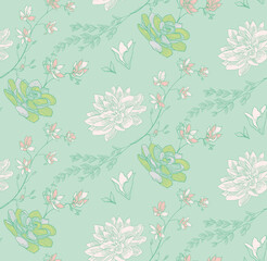 Vector Seamless Pattern with Drawn Flowers, Branches, Plants