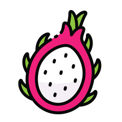 A stylized illustration of a dragon fruit cut in half to reveal white flesh speckled with black seeds