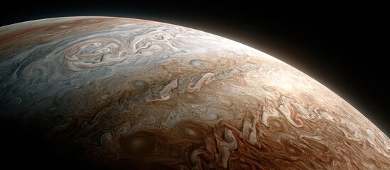Orbital view showing the upper atmospheric bands of a giant planet with swirling vortexes and complex patterns