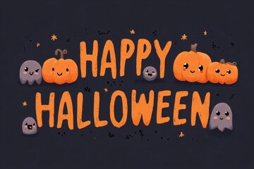"Happy Halloween" with pumpkins and lettering on a dark background, in a flat design, cute style, cute cartoon characters, simple line art, solid colors Generative AI