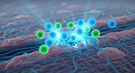 Vibrant 3D illustration of microscopic cellular structures with glowing energy, ideal for medical, scientific, and biotechnology projects