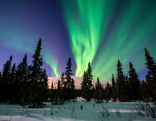 Northern Lights over snow-covered forest