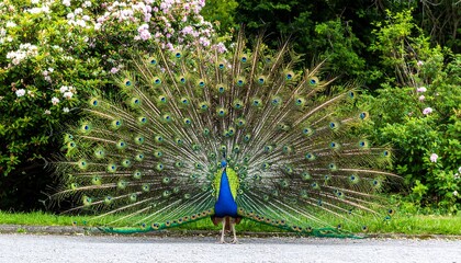 Peacock displaying its magnificent tail feathers in a garden setting