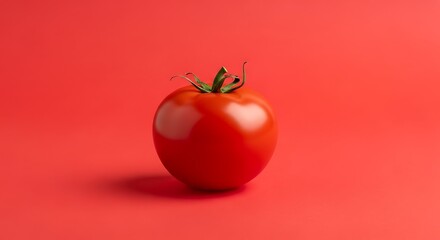 Perfectly Ripe Tomato with Vibrant Green Stem on a Red Background