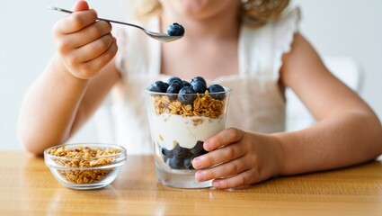 Child's hands holding a glass parfait with layers of yogurt, granola, and fresh blueberries, while spooning a single blueberry for a healthy and nutritious meal