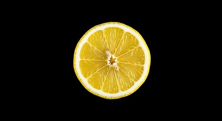 Perfectly Sliced Lemon on Black Background, Showing Detailed Texture and Seeds