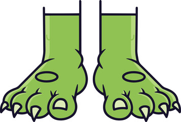 The foreground features a pair of cartoonish monster feet rendered in a pixel art style. The feet are green, with clawed toes and textured skin. 