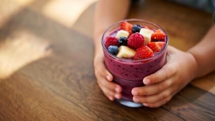 Child holding a glass with vibrant berry smoothie topped with fresh mixed fruits. Including strawberries. Blueberries. Raspberries. And banana pieces