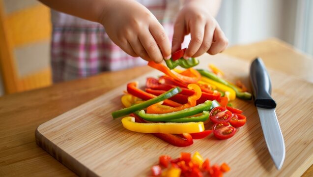 Child hands preparing colorful bell peppers and cherry tomatoes on a wooden cutting board, learning about healthy eating, cooking, and fresh vegetables in the kitchen