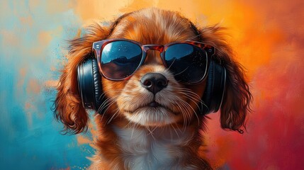 Cool canine vibes adorable puppy rocks sunglasses and headphones for summer music fun pet lover's delight