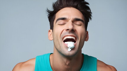 Waist up portrait of joyful freak getting kaif from drugs. His eyes are closed. Isolated on background