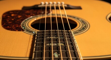 Obraz premium Closeup Acoustic Guitar Fretboard Detail.