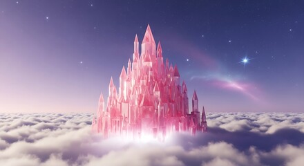 Pink Crystal Castle Floating Above the Clouds Under Starry Sky