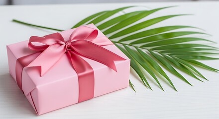 Pink Gift Box with a Palm Leaf on a White Surface