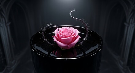 Pink rose and thorny branch in a black vase against a dark background