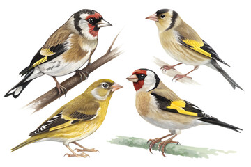 Fototapeta premium Various Carduelis Finches PNG – Cartoon and Realistic Goldfinch and Siskin Bird Illustrations on Transparent Background