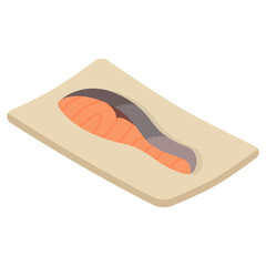 Grilled salmon on charcoal square plate - isometric flat vector illustration, Japanese food icon