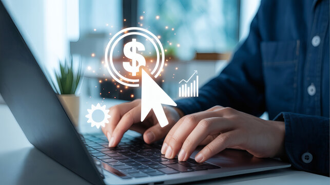 Close up of hands typing on a laptop with a glowing dollar sign and cursor icon representing online earning and digital finance - Powered by Adobe