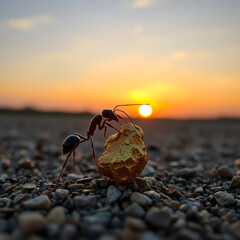 Strong ant lifting heavy gold nugget on gravel ground at sunset.
