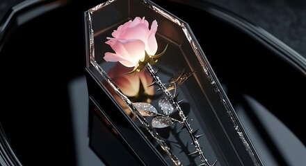 Pink Rose in a Black Coffin-Shaped Display Case