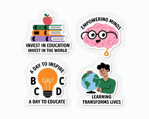 Four educational sticker designs featuring books, a brain, a lightbulb, and a person holding the Earth, promoting education and learning.