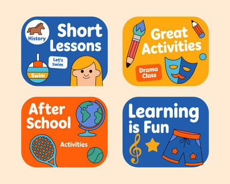 Four illustrated square cards advertising after school activities for children.
