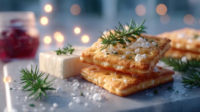 Golden Crackers Stacked with Cheese and Rosemary on Marble Board with Berry Jam in Background