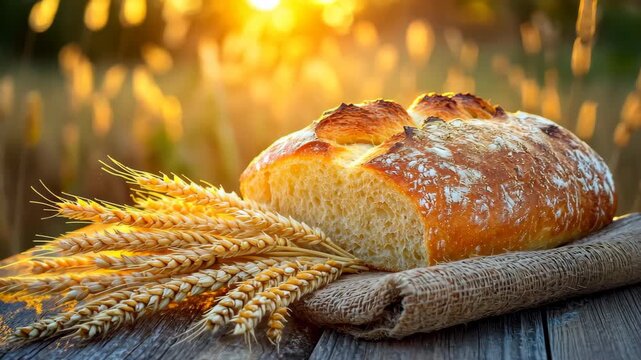 Golden Loaf: A freshly baked golden loaf of bread rests invitingly beside a bundle of wheat, its texture beckoning. The scene is drenched in the warm glow of sunlight, highlighting the scene.