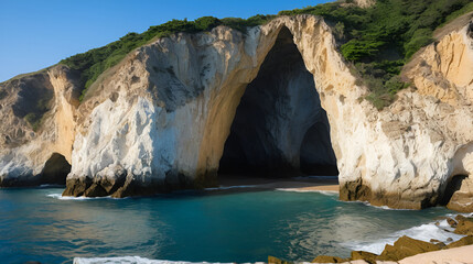 A series of coastal sea caves located along the southeastern shoreline, near a small fishing village harbor.