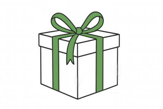 Gift box with green ribbon and bow for celebrations, holidays, christmas, birthdays, presents, and surprises