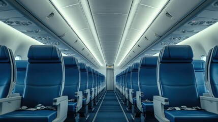 Fototapeta premium Empty airplane cabin with blue seats and white trim.