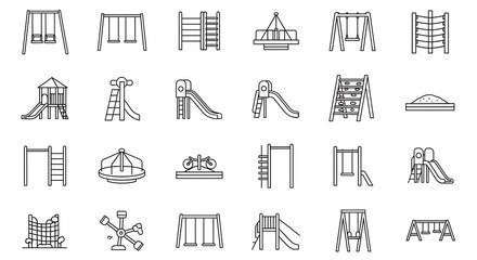 Playground Equipment Line Art: Swings, Slides, and Climbing Frames on White