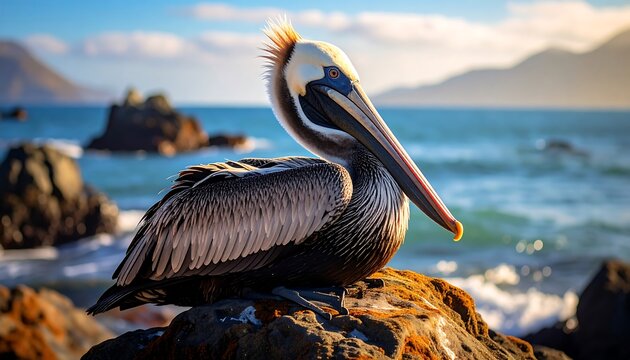 Pelican resting on a rock by the ocean