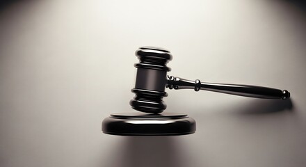 Polished Black Gavel Resting on Sound Block Against a Neutral Background