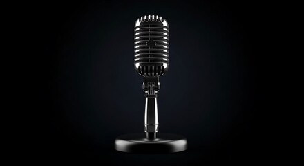 Polished chrome vintage microphone on a dark background, studio equipment