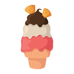 A threescoop ice cream cone with chocolate topping and waffle cone