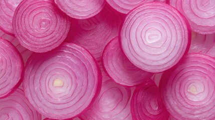 Close-up view of sliced red onions showcasing concentric rings, texture, and vibrant pink hues