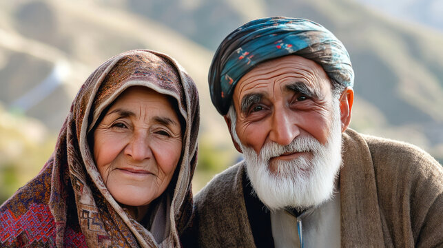 Elderly kurdish couple wearing traditional clothing smiling gently