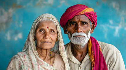 Indian senior couple posing together in traditional clothing