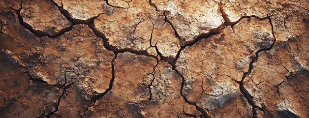 Panorama from dry cracked earth texture forming deep cracks during severe drought