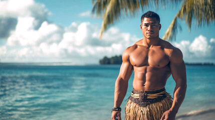 Polynesian Tongan man on a sunny Beach with Copyspace