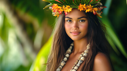 Young beautiful model wearing flower crown posing in tropical forest