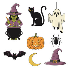 Obraz premium Halloween Icon Set – Witch with Cauldron, Black Cat, Ghost, Jack O’Lantern Pumpkin, Spider, Bat, Crescent Moon, and Witch Hat Vector Illustration