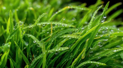 Close-Up of Fresh Green Grass with Dew Drops in Natural Light for Nature Photography Enthusiasts and Design Projects