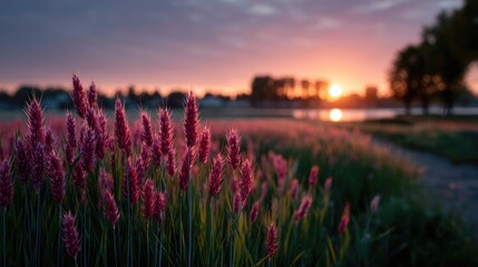 Golden Sunrise Over Field of Purple Flowers in Nature Background with Trees and Soft Warm Light